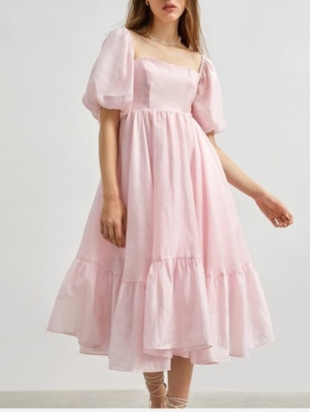 J.ING Soft Pink Square-Neck Puff Sleeve Midi Dress